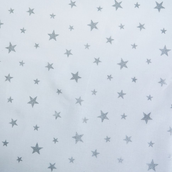 Ткань ранфорс с глитером Звездочки, арт.WH 19630-2, 130г/м?,100% хлопок, шир.240см, цв.белый/серебро, рул.30м Ткань ранфорс с глитером Звездочки, арт.WH 19630-2, 130г/м?,100% хлопок, шир.240см, цв.белый/серебро, рул.30м