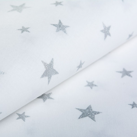 Ткань ранфорс с глитером Звездочки, арт.WH 19630-2, 130г/м?,100% хлопок, шир.240см, цв.белый/серебро, рул.30м Ткань ранфорс с глитером Звездочки, арт.WH 19630-2, 130г/м?,100% хлопок, шир.240см, цв.белый/серебро, рул.30м