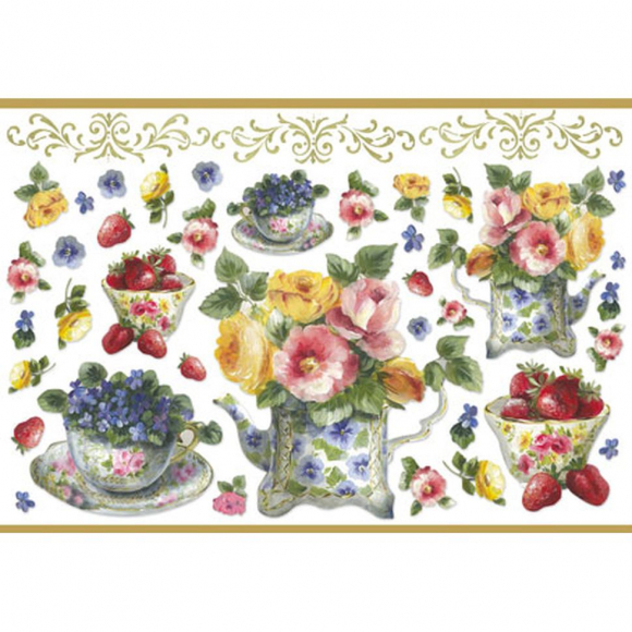 59312_Бумага рисовая с контурным золочением "Чайники с цветами"