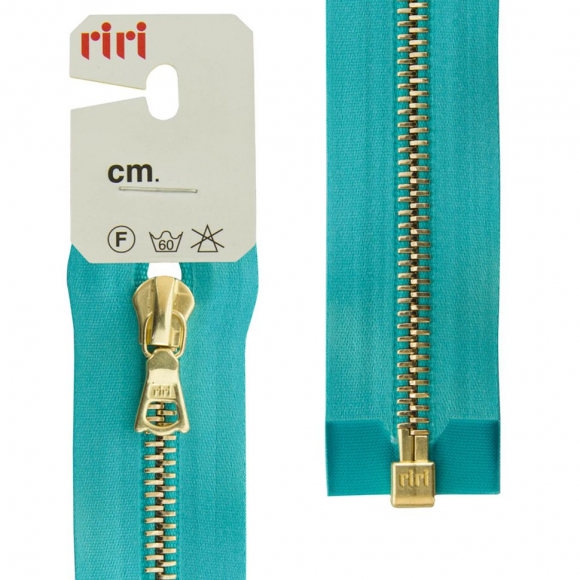66059_Молния металл, Gold, разъёмная 1 замок, на атласной тесьме, 6 мм, 60 см, цвет 5859, бирюзовый