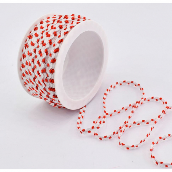 Тесьма PEGA тип вьюнчик, белый с красным, 7 мм