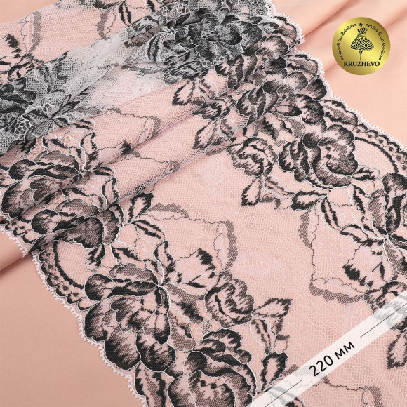 Кружево-стрейч KRUZHEVO арт.TBY.OG56 шир.220мм цв.белый+черный уп.10м