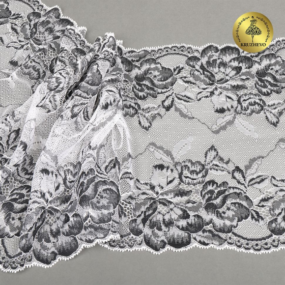 Кружево-стрейч KRUZHEVO арт.TBY.OG56 шир.220мм цв.белый+черный уп.10м