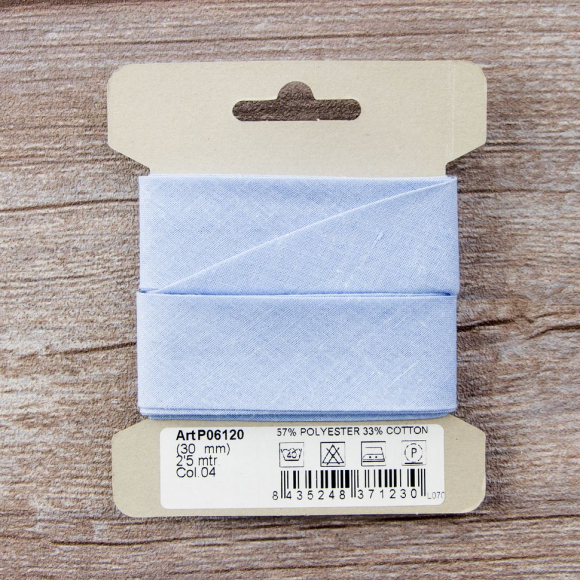 Косая бейка хлопок/полиэстер на блистере, 30 мм, 2,5 м, цвет 04, светло-голубой