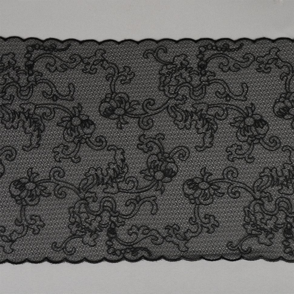 Кружево вышивка на сетке KRUZHEVO арт.TBY.OG40 шир.250мм цв.черный уп.9,5м Кружево вышивка на сетке KRUZHEVO арт.TBY.OG40 шир.250мм цв.черный уп.9,5м