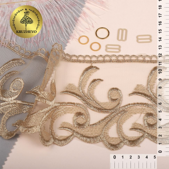 Кружево сетке KRUZHEVO арт.TBY.40471 шир.120мм цв.N6115 золотисто-бежевый уп.13,71м