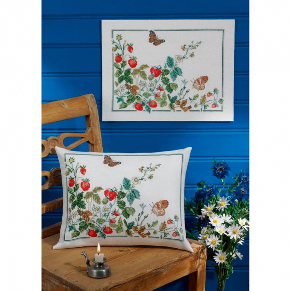 Набор для вышивания PERMIN арт.92-3342 Подушка Клубника и Бабочки 39х30 см