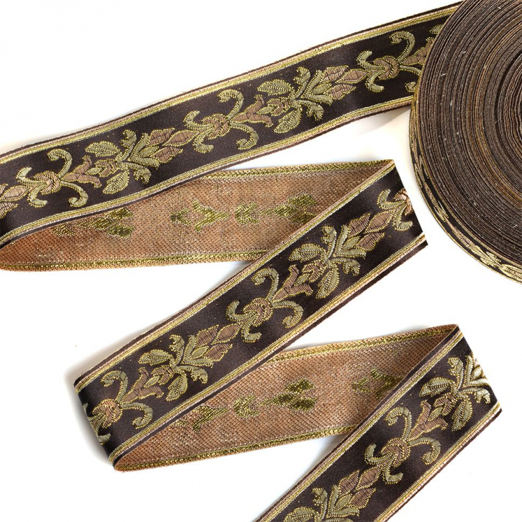 Лента отделочная жаккардовая арт.TBY.WJ3A-10 шир.30 мм цв.коричнево/золотой уп.24,3 м