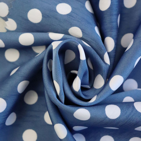 Ткань шелк Армани в горошек 90г/м? 97% полиэстер, 3% спандекс шир.145см арт.Р.19159.01 цв.01 джинсовый рул.30м