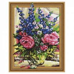 Картина 3D мозаика с нанесенной рамкой Molly арт.KM0769 Пионы с колокольчиками (24 цвета) 40х50 см