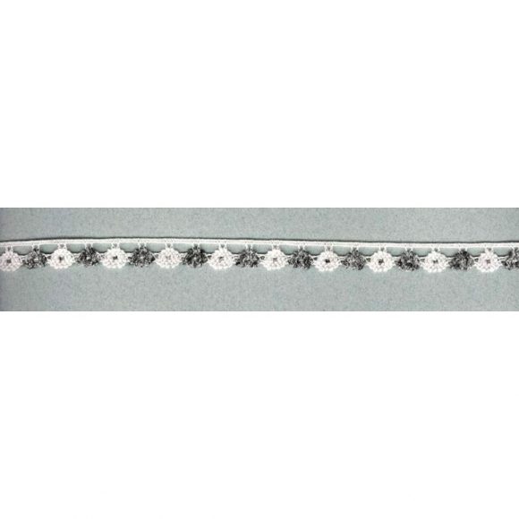 Мерсеризованное хлопковое кружево, 13 мм, цвет белый с серым Мерсеризованное хлопковое кружево, 13 мм, цвет белый с серым
