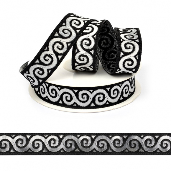 Лента (тесьма) жаккардовая арт.VB.1011610 шир. 16мм цв.черный/серебро уп.10 м