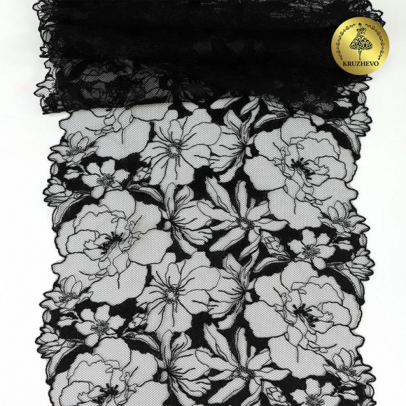 Кружево вышивка на сетке KRUZHEVO арт.TBY.OG68 шир.230мм цв.черный уп.7,2м
