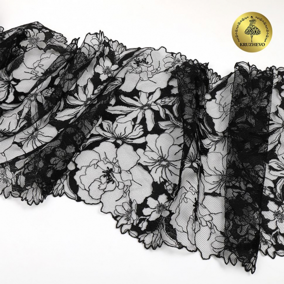 Кружево вышивка на сетке KRUZHEVO арт.TBY.OG68 шир.230мм цв.черный уп.7,2м