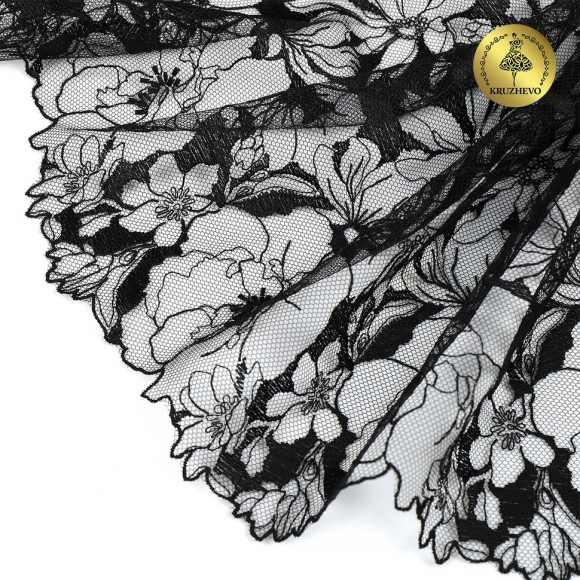 Кружево вышивка на сетке KRUZHEVO арт.TBY.OG68 шир.230мм цв.черный уп.7,2м