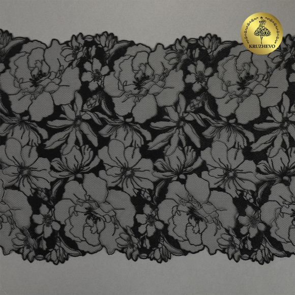 Кружево вышивка на сетке KRUZHEVO арт.TBY.OG68 шир.230мм цв.черный уп.7,2м