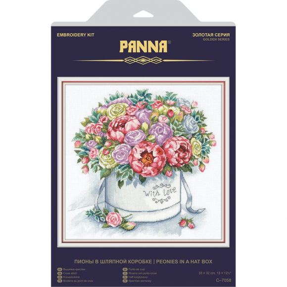 Набор для вышивания PANNA Золотая серия арт. C-7058 Пионы в шляпной коробке 33х32 см