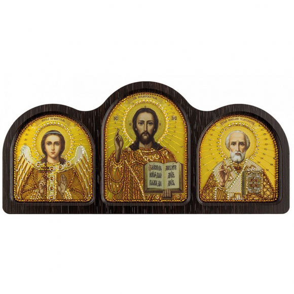 Набор для вышивания бисером НОВА СЛОБОДА арт.СЕ6003 Триптих настольный золото (Ангел Хранитель, Спаситель, Николай Чудотворец) 24х23 см