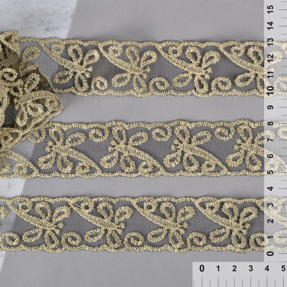 Кружево на сетке арт.TBY DQ79 шир.35мм цв.черный/золото уп.13,71м Кружево на сетке арт.TBY DQ79 шир.35мм цв.черный/золото уп.13,71м