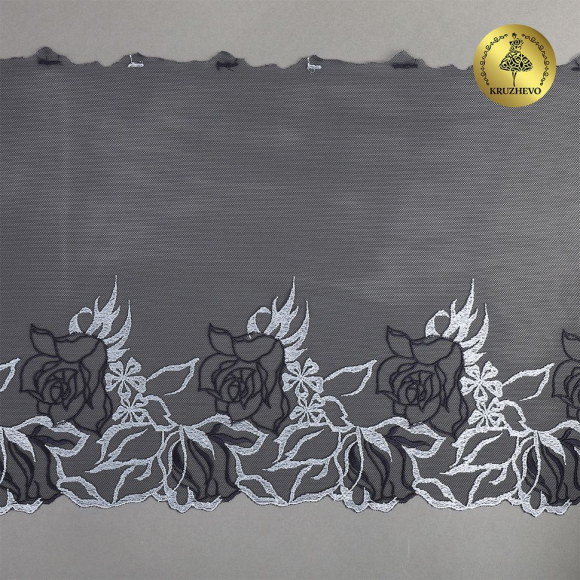 Кружево вышивка на сетке KRUZHEVO арт.TBY.OG79 шир.265мм цв.т.синий, левая уп.14м