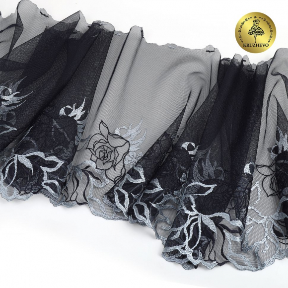 Кружево вышивка на сетке KRUZHEVO арт.TBY.OG79 шир.265мм цв.т.синий, левая уп.14м