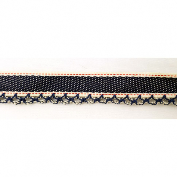 Тесьма декоративная, 16 мм, джинс с кружевной отделкой