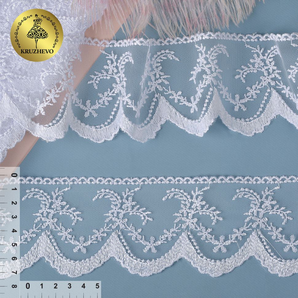 Кружево на сетке KRUZHEVO арт.TR.6360 шир.75мм цв.01 белый, уп.9м
