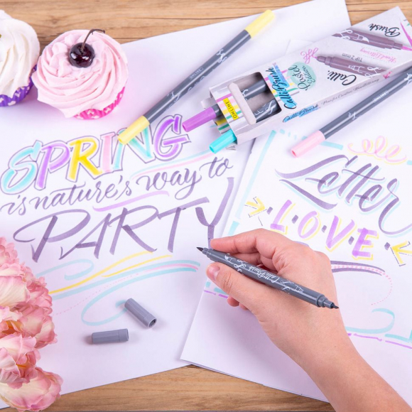 Набор двусторонних маркеров "Calli Brush" для скетчинга, лайнер 2 мм / кисть, пастельные цвета, 5 шт