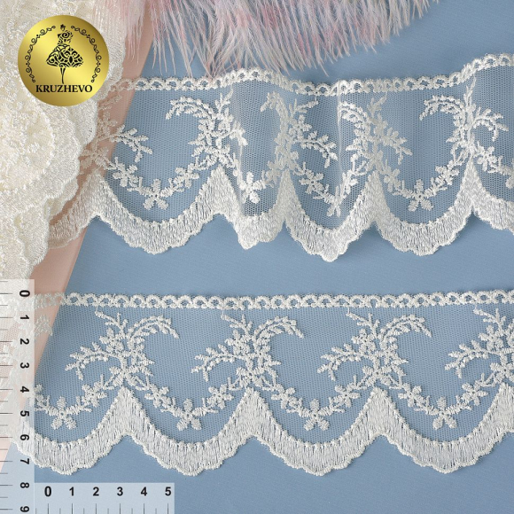 Кружево на сетке KRUZHEVO арт.TR.6360 шир.75мм цв.02 молочный, уп.9м