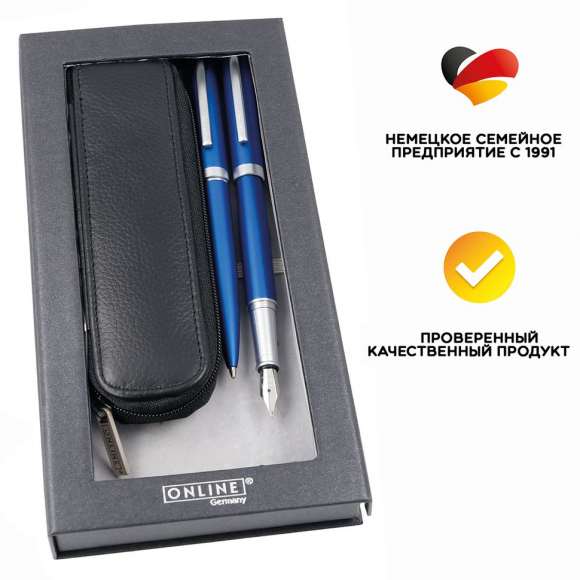 Набор ручек "Eleganza" в кожаном чехле, перьевая и шариковая, цвет корпуса синий