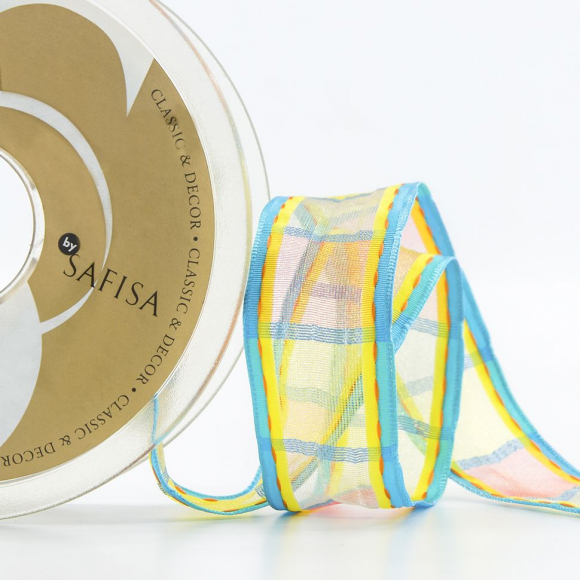 Лента органза с рисунком, 25 мм, 15 м, цвет 01, голубой с оранжевым и желтым