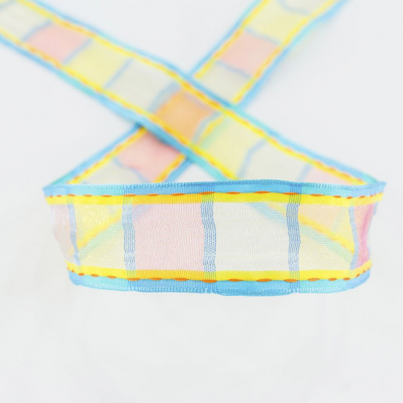 Лента органза с рисунком, 25 мм, 15 м, цвет 01, голубой с оранжевым и желтым