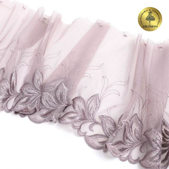 Кружево вышивка на сетке KRUZHEVO арт.TBY.OG82 шир.190мм цв.дымчатый, левая уп.6м