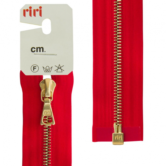 31438_Молния металл, Gold, разъёмная 1 замок, на атласной тесьме, 4 мм, 65 см, цвет 9426, ярко-красный