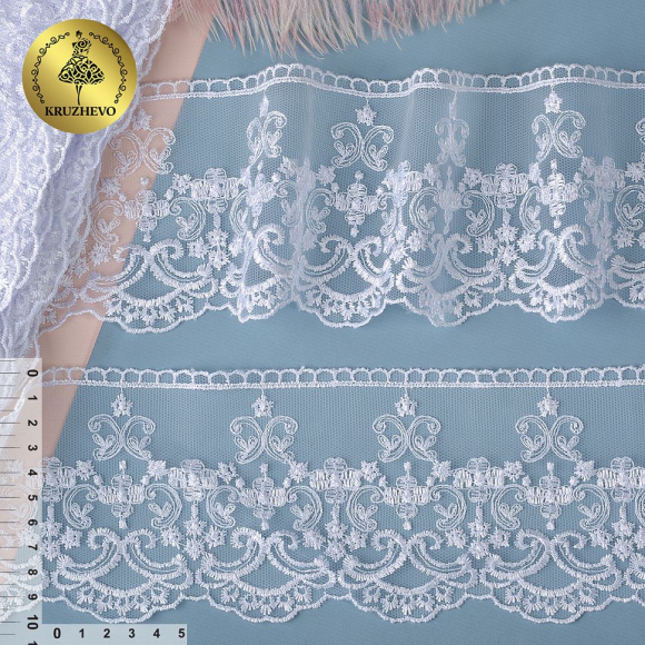 Кружево на сетке KRUZHEVO арт.TR.16GB1556 шир.100мм цв.01 белый, уп.9м