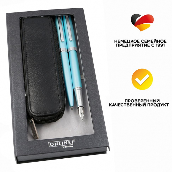 Набор ручек "Eleganza" в кожаном чехле, перьевая и шариковая, цвет корпуса бирюзовый Набор ручек "Eleganza" в кожаном чехле, перьевая и шариковая, цвет корпуса бирюзовый