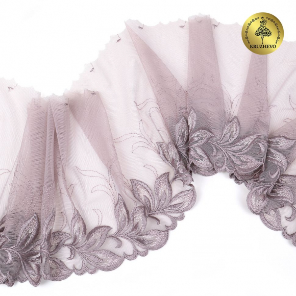 Кружево вышивка на сетке KRUZHEVO арт.TBY.OG82 шир.190мм цв.дымчатый, правая уп.6м