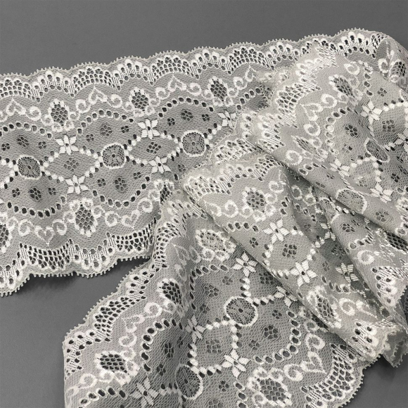 Кружево-стрейч KRUZHEVO арт.TBY.D5 шир.130мм цв.св.серый уп.10м