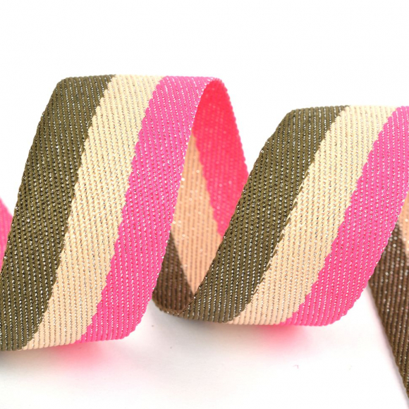 Тесьма киперная металлизированная 28мм 90424 цв.1512 хаки, св.бежевый, яр.малиновый уп.20м