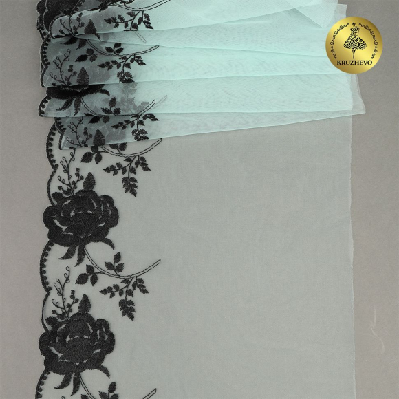 Кружево вышивка на сетке KRUZHEVO арт.TBY.OG84 шир.210мм цв.мятный+черный,левая уп.9м