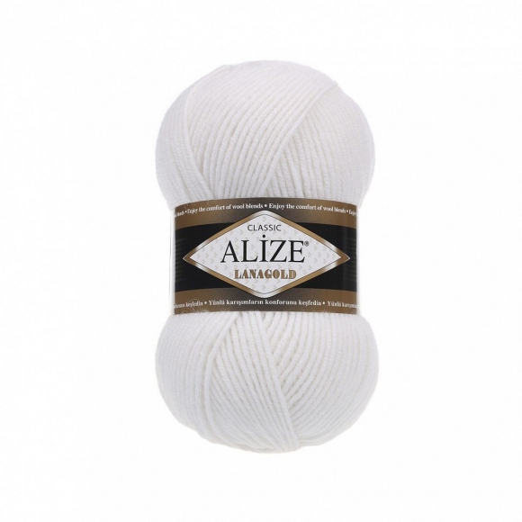 Пряжа для вязания Ализе LanaGold (49% шерсть, 51% акрил) 5х100г/240м цв.055 белый