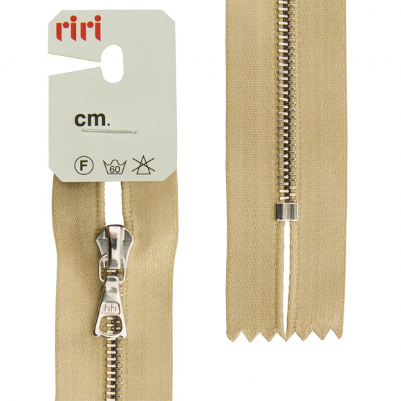 29465_Молния металл, Ni, неразъёмная, на атласной тесьме, 4 мм, 16 см, цвет 2213, зотостисто-бежевый