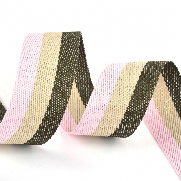 Тесьма киперная металлизированная 28мм 90424 цв.1513 оливковый, лен, св.розовый уп.20м