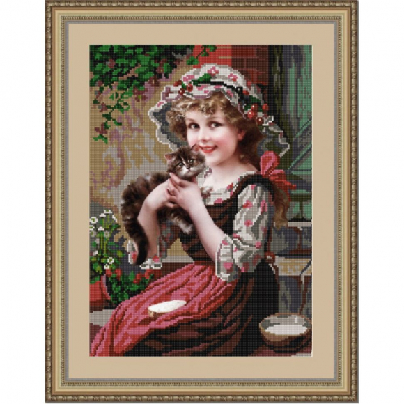 Рисунок на ткани (Бисер) КОНЁК арт. 9727 Девочка с котенком 29х39 см