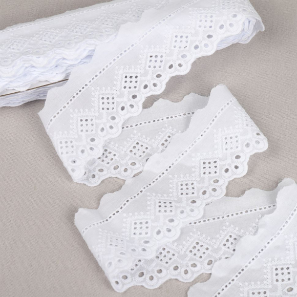 Кружево шитье хлопок KRUZHEVO арт.TBY.0190 шир.60мм цв.01 белый, уп.13,71м