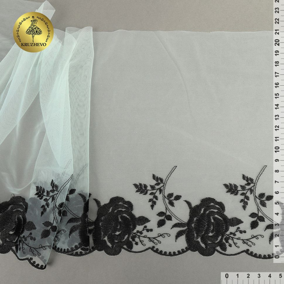 Кружево вышивка на сетке KRUZHEVO арт.TBY.OG84 шир.210мм цв.мятный+черный,правая уп.9м