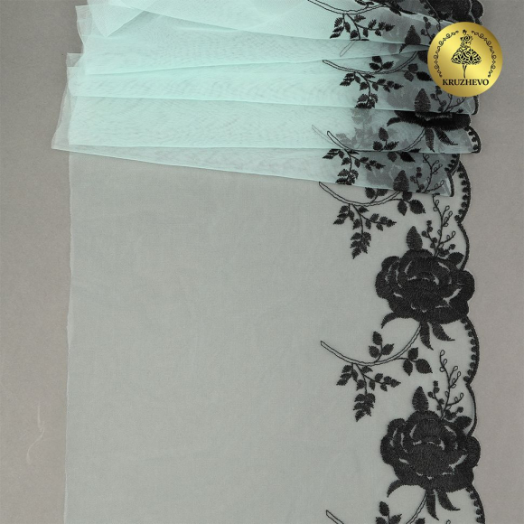 Кружево вышивка на сетке KRUZHEVO арт.TBY.OG84 шир.210мм цв.мятный+черный,правая уп.9м