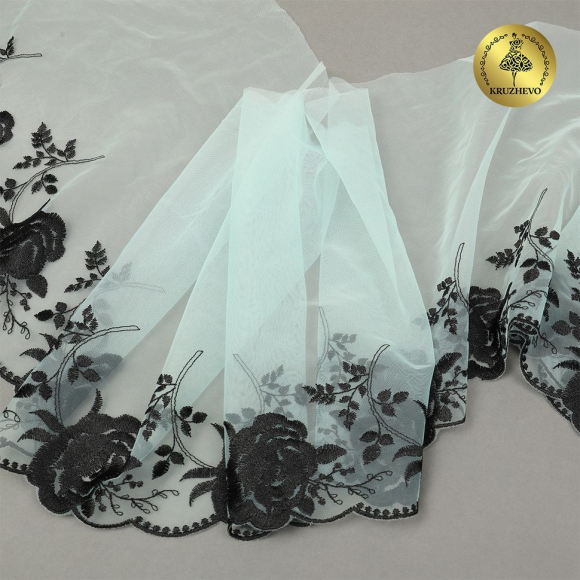 Кружево вышивка на сетке KRUZHEVO арт.TBY.OG84 шир.210мм цв.мятный+черный,правая уп.9м