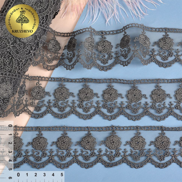Кружево на сетке KRUZHEVO арт.TR.3814 шир.50мм цв.370 т.серый уп.14м Кружево на сетке KRUZHEVO арт.TR.3814 шир.50мм цв.370 т.серый уп.14м
