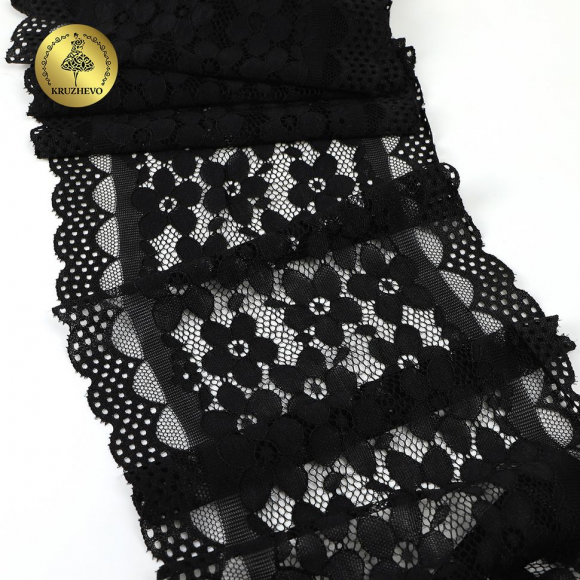 Кружево-стрейч KRUZHEVO арт.TBY.8019 шир.180мм цв.2 черный, уп.10м